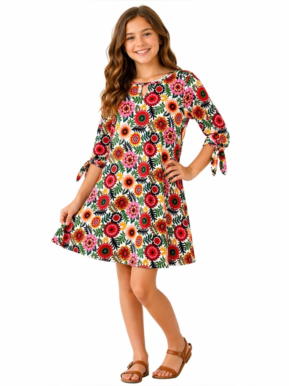 Crown & Ivy Girls XL Floral Dress Tie Sleeve Keyhole Boho A-Line